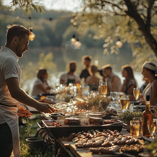 Barbecue party, guests with glasses in their hands stand around a chef who is grilling sausages and steaks, AI generated