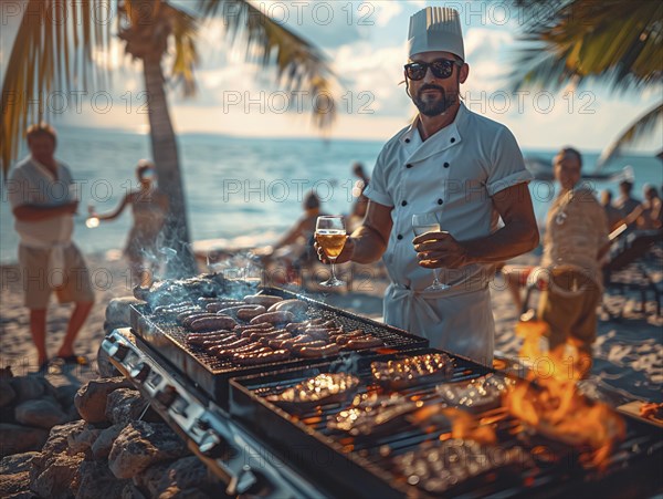 Barbecue party, guests with glasses in their hands stand around a chef who is grilling sausages and steaks, AI generated