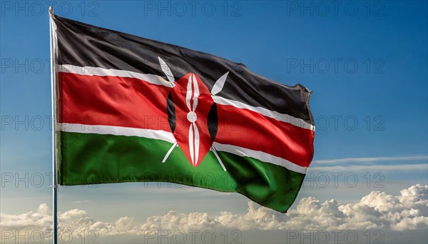 The flag of Kenya flutters in the wind, isolated against a blue sky