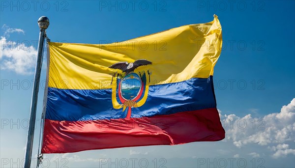 The flag of Colombia flutters in the wind, isolated against a blue sky