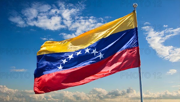 The flag of Venezuela, fluttering in the wind, isolated against a blue sky