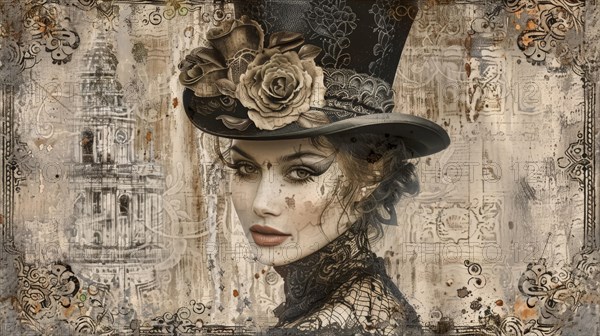 A steampunk-inspired vintage portrait of a woman adorned with a hat and rose accents, ai generated, AI generated