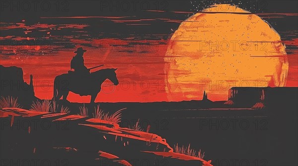 Silhouette of a cowboy on horseback with a backdrop of a monochromatic red dusk landscape, ai generated, AI generated