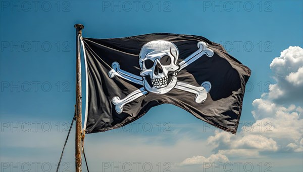 The pirate flag flutters in the wind, isolated against the blue sky