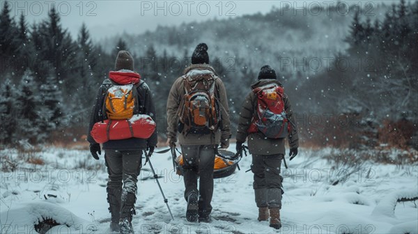 A group of hikers with backpacks walking through a snowy forest trail, AI generated