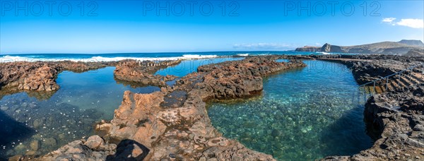 Panoramic view of the Las Salinas de Agaete natural pools in Puerto de Las Nieves in Gran Canaria, Spain, Europe