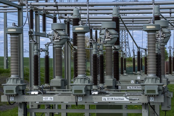 Insulators at the Avacon substation in Helmstedt, Helmstedt, Lower Saxony, Germany, Europe