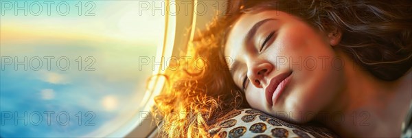 Woman sleeps comfortably with her head at the aircraft window in the warm light shining in from outside, AI generated, AI generated