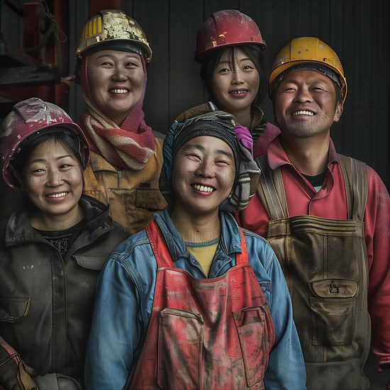 Cheerful group of workers with helmets laughing and posing for a photo, group photo with international employees and colleagues, KI generated, AI generated