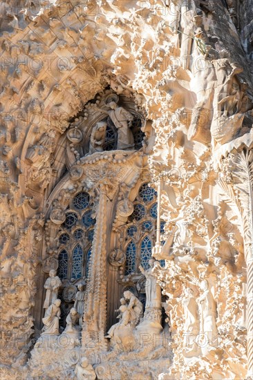 Birth facade of the Sagrada Familia basilica, Roman Catholic basilica by Antoni Gaudi in Barcelona, Spain, Europe