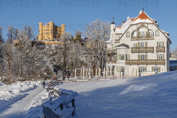 Hohenschwangau Castle and Hotel Alpenrose am Alpsee, Schwangau, Ostallgaeu, Swabia, Bavaria, Germany, Schwangau, Ostallgaeu, Bavaria, Germany, Europe