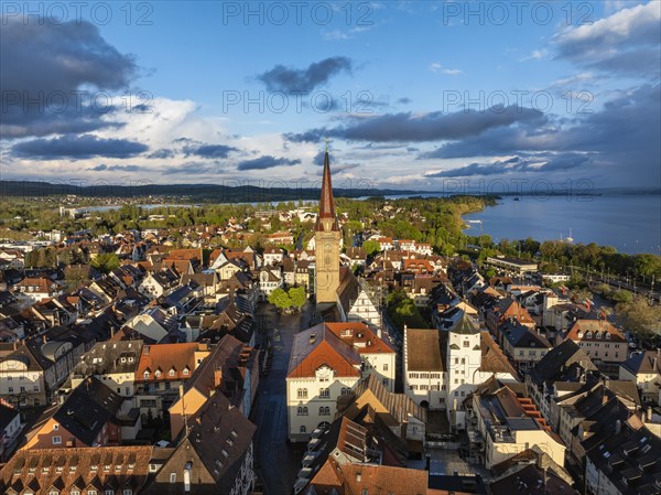 Aerial view of the town of Radolfzell on Lake Constance with the Radolfzell Minster in front of sunset, district of Constance, Baden-Wuerttemberg, Germany, Europe