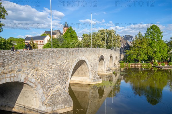 View of an old town, half-timbered houses in a town. Streets and bridges at the river Lahn in the morning in Wetzlar, Hesse Germany