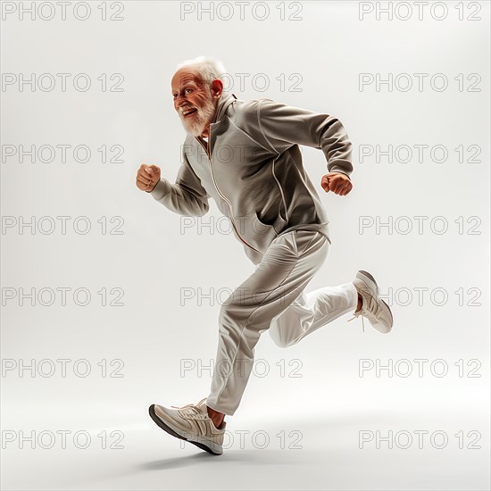 Dynamic older man in grey jogging clothes runs on light background, start running, start, advertising, special offer, AI generated