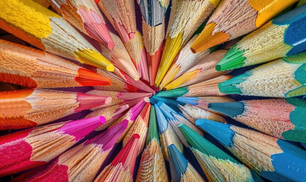 An overhead shot of colored pencils arranged in a pattern, abstract background with colored pencils AI generated