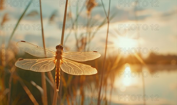 Close-up of a dragonfly perched on a reed AI generated