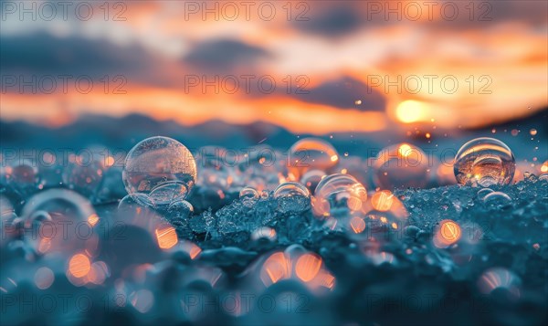 Close-up of frozen bubbles trapped beneath the surface of a lake AI generated