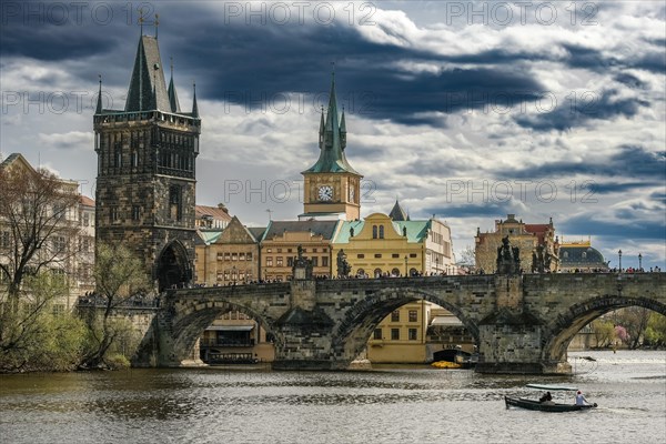 Sightseeing, boat trip, statues, church, flag, Charles Bridge Prague, Prague, Czech Republic, Europe
