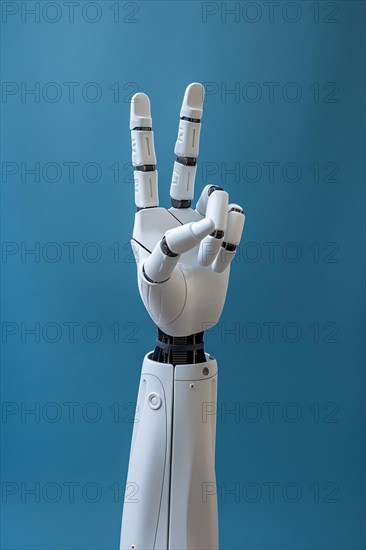 Artificial intelligence robot hand showing peace sign. KI generiert, generiert, AI generated