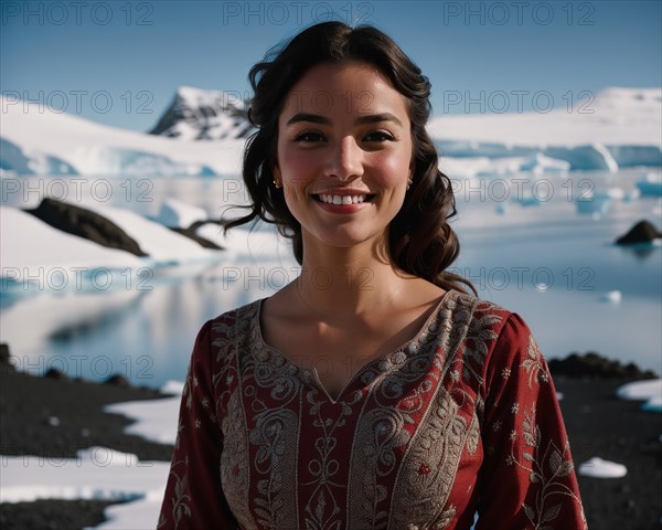 Portrait of a young woman smiling at camera in front of icebergs. ai generative, AI generated