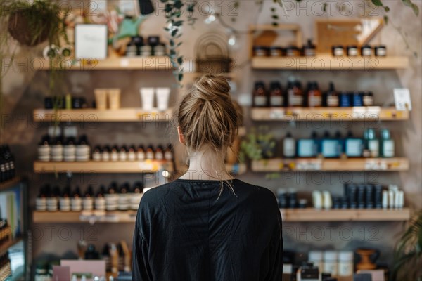 Young woman standing in front of shelves with cosmetic and makeup products in store. KI generiert, generiert, AI generated