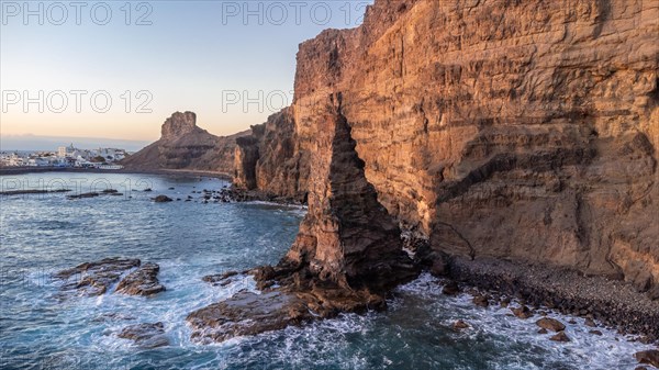 Aerial view of Agaete cliffs at summer sunset in Gran Canaria. Spain