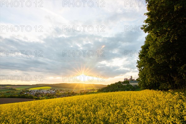 Landscape at sunrise. Beautiful morning landscape with fresh yellow rape fields in spring. Small castle in the yellow fields on a hill. Historic Ronneburg Castle in the middle of nature, Ronneburg, Hesse, Germany, Europe