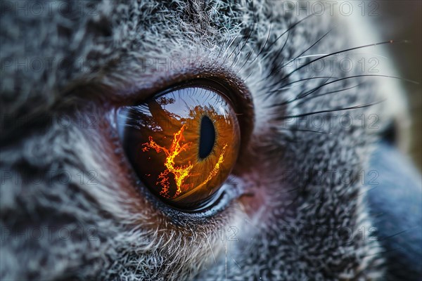Close up of Koala bear's eye with reflection of burning forest. KI generiert, generiert, AI generated