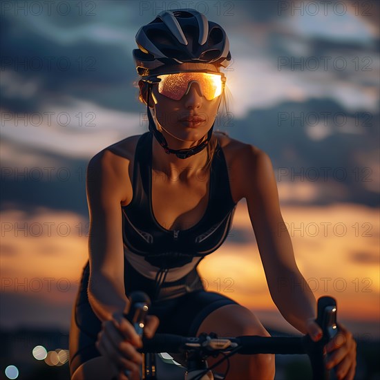 A determined cyclist rides against the backdrop of a dramatic evening sky, AI generated