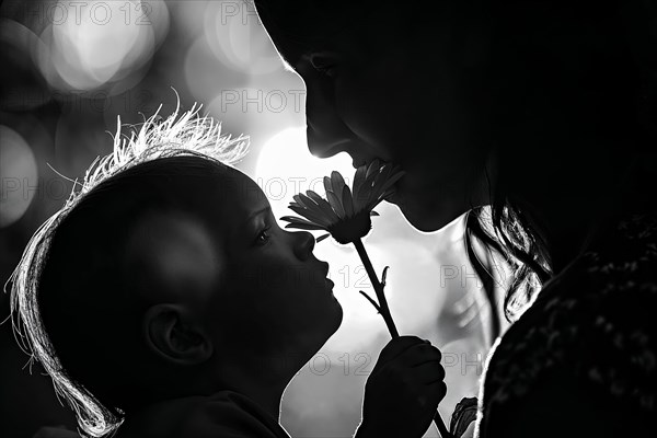 Mother's Day, Tender moment between a child and the mother with a flower in black and white, Mother's Day, AI generated, AI generated