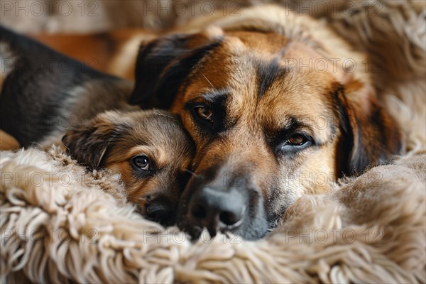 Cute mother dog with young dog puppy. KI generiert, generiert, AI generated