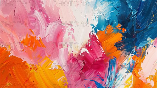 Expressive and vibrant abstract painting with rich texture in pink, blue, and orange on canvas, ai generated, AI generated