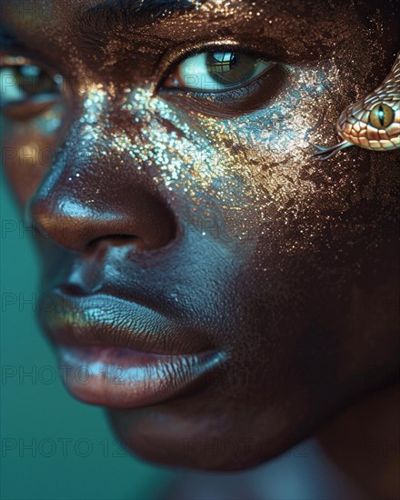 Mystic portrait of a dark-skinned non binary individual with golden glitter and snake, exuding enigma, blurry teal turquoise solid background, beauty product studio lightning, fashion artsy make up, high concept potraiture, short deph of field, AI generated