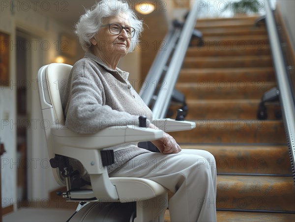 A pensioner rides a stair lift up a flight of stairs, AI generated