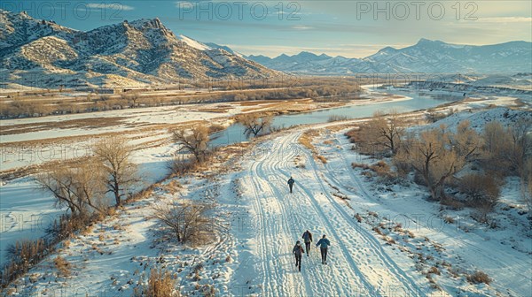 Two people trekking through a snowy landscape with a winding river and distant mountains, AI generated