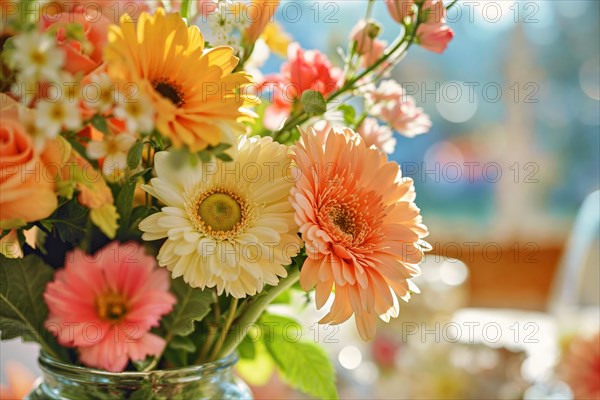 Mother's Day, A bouquet of bright orange and yellow flowers in a glass vase, KI generated, AI generated