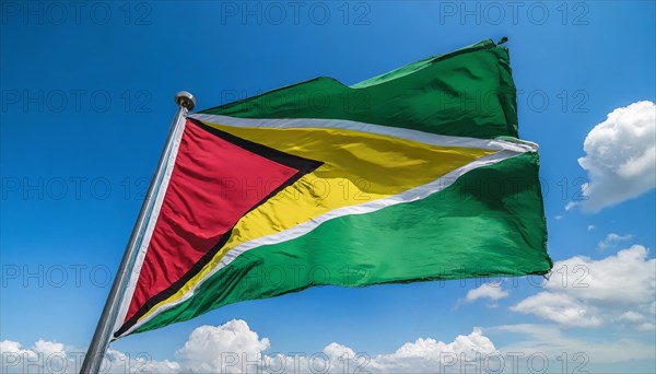 The flag of Guyana, fluttering in the wind, isolated, against the blue sky