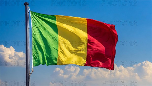 The flag of Mali, fluttering in the wind, isolated, against the blue sky