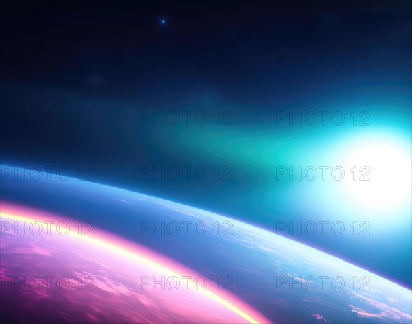 Bright light is directed towards the planet causing flares in the atmosphere. Generative AI image, AI generated