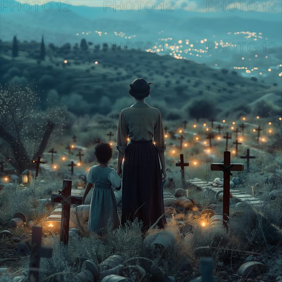 A mother and child looking at a cemetery at dusk with many lights, war, war graves, military cemetery, AI generated