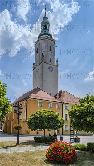 Historic Gothic and Renaissance town hall on the market square in Namyslow, Opole Voivodeship, Poland, Europe