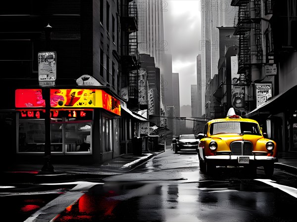 AI generated bustling street scene monochromatic snapshot with colorful digital elements