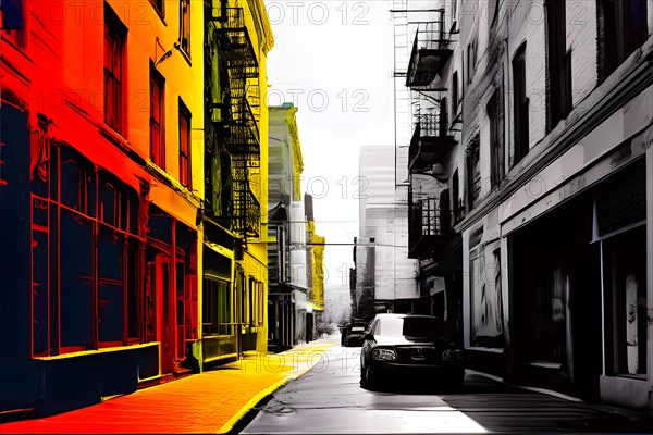 AI generated bustling street scene monochromatic snapshot with colorful digital elements