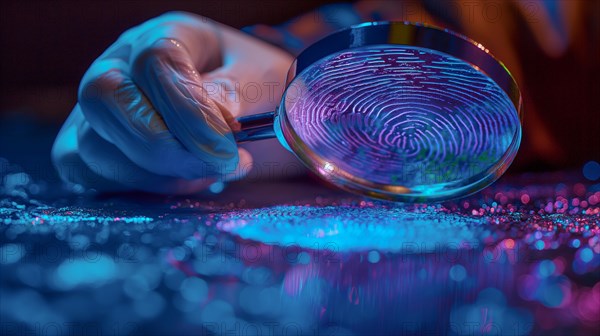 Crime scene with investigator wearing surgical glove viewing A fingerprint through the glass of a magnifying glass. generative AI, AI generated