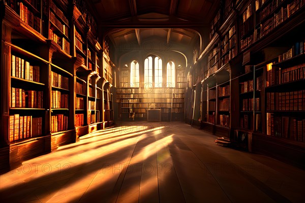 AI generated old library with antique wooden bookshelves