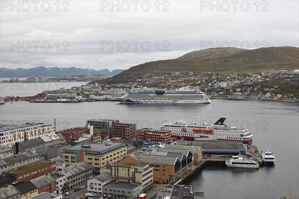 Hammerfest, with cruise ship Aida in the harbour, Northern Norway, Scandinavia