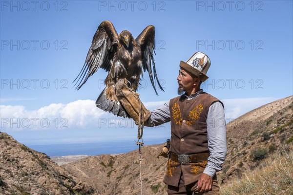 Traditional Kyrgyz eagle hunter with eagle in the mountains, hunting, eagle spreads its wings, near Bokonbayevo, Issyk Kul region, Kyrgyzstan, Asia