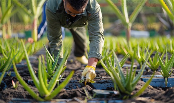 Aloe vera leaves being harvested from an organic farm AI generated