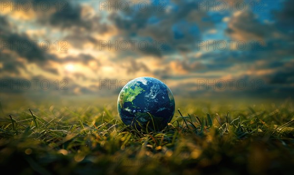 An Earth globe on a grassy meadow with a dramatic cloudy sky as the backdrop AI generated