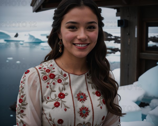 Portrait of a young woman smiling at camera in front of icebergs. ai generative, AI generated